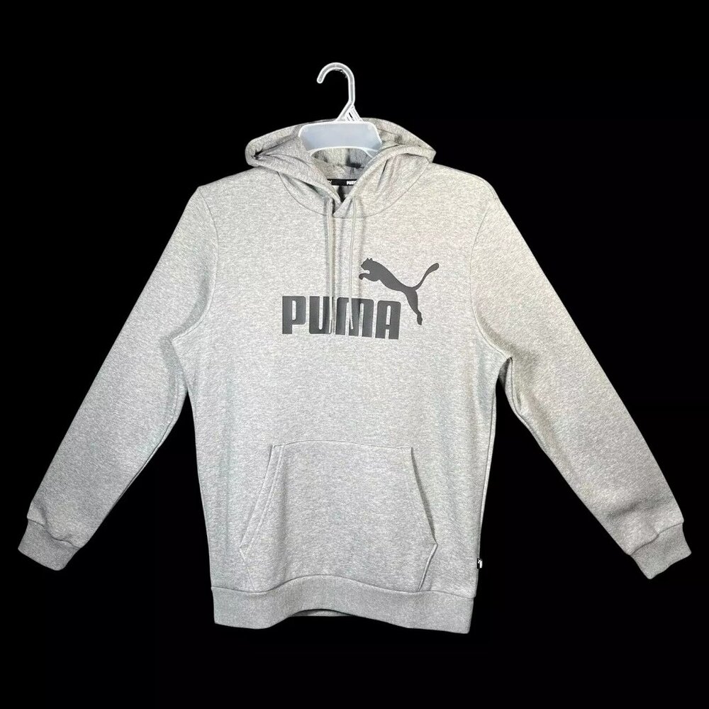 Puma Men's Fleece Pullover Hoodie Sweater Size M Gray/Black Front Logo Print